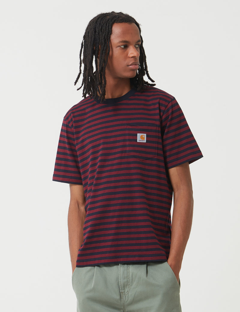 Carhartt-WIP Haldon Pocket T-Shirt - Haldon Stripe Dark Navy/Merlot