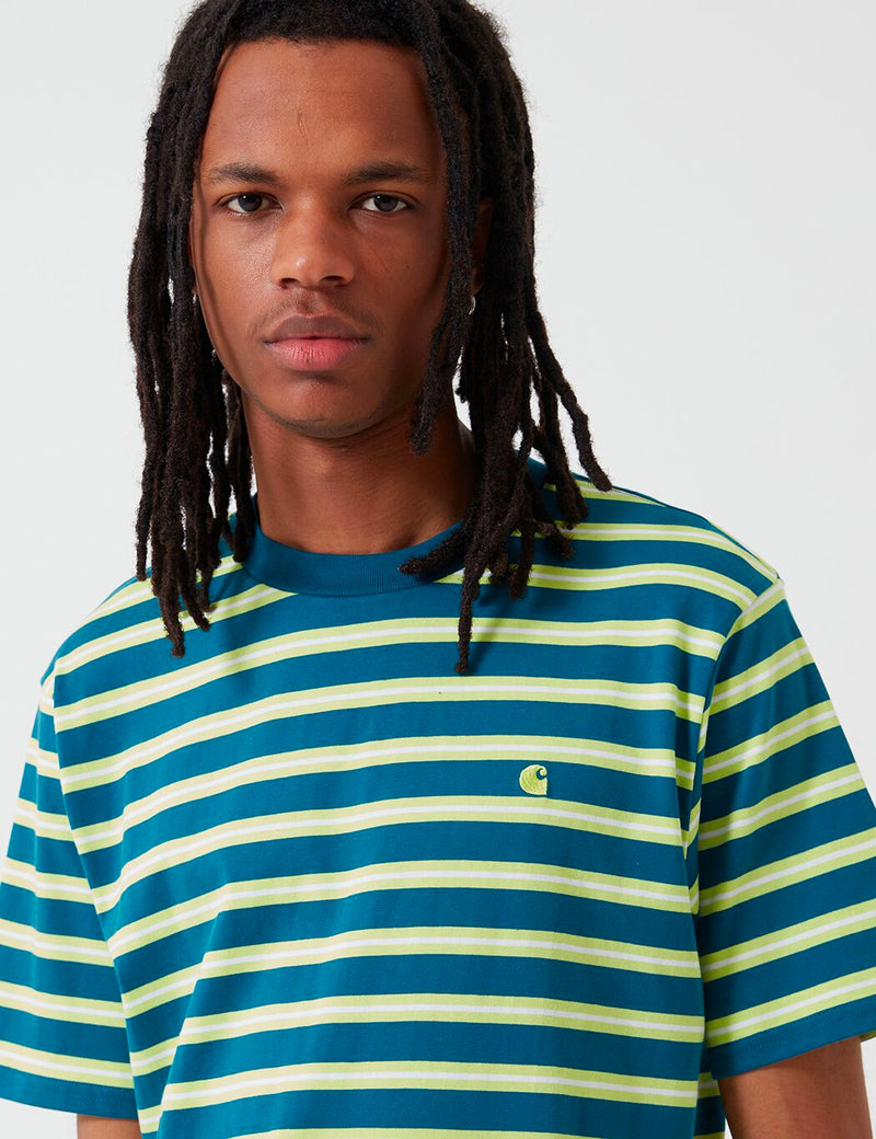 Carhartt-WIP Oakland Stripe T-Shirt - Moody Blue/Lime