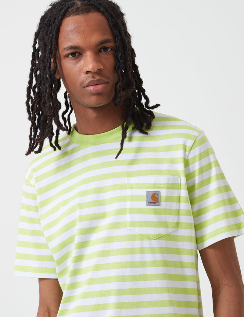 カーハート-WIPスコッティポケットTシャツ（ストライプ）-ライムグリーン/ホワイト