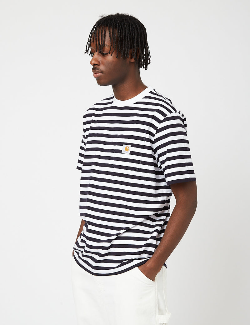 Carhartt-WIPスコッティポケットTシャツ-ダークネイビーブルー/ホワイト