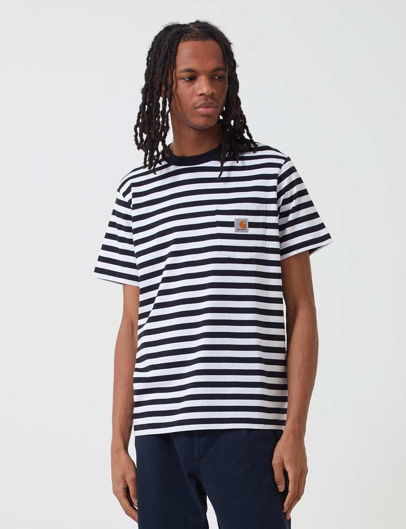 Carhartt-WIP Scotty Taschen-T-Shirt (Streifen) - Dunkelblau/Weiß