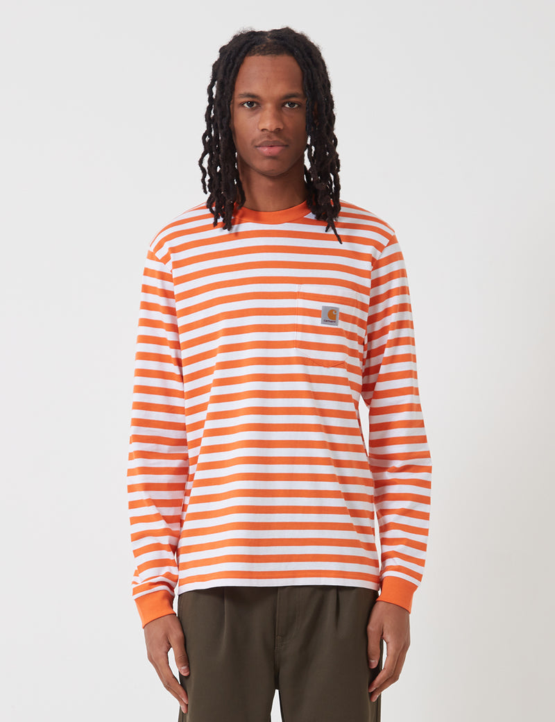 カーハート-WIPスコッティ長袖ポケットTシャツ（ストライプ）-時計じかけのオレンジ/ホワイト