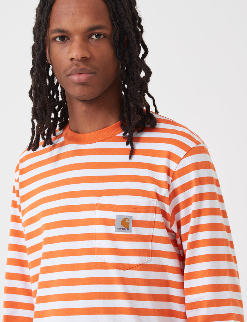 Carhartt-WIP Scotty Long Sleeve Pocket T-Shirt (Stripe) - Clockwork Orange/White