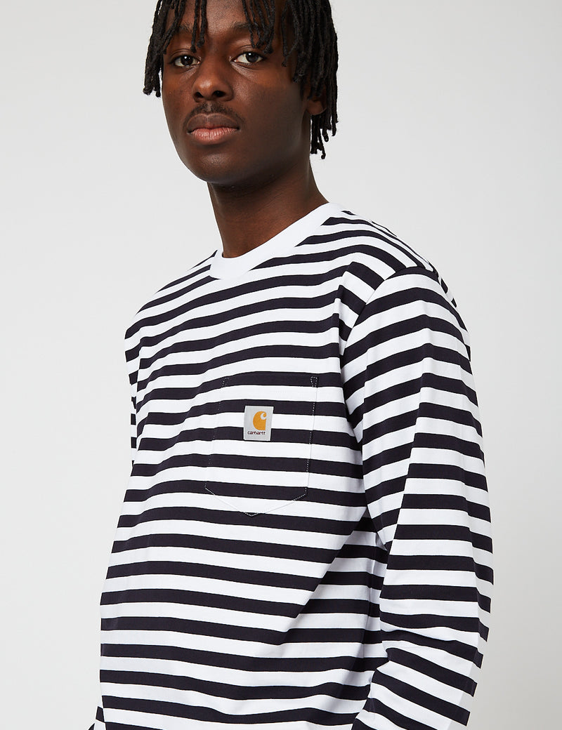 Carhartt-WIPスコッティポケット長袖Tシャツ-ダークネイビーブルー/ホワイト