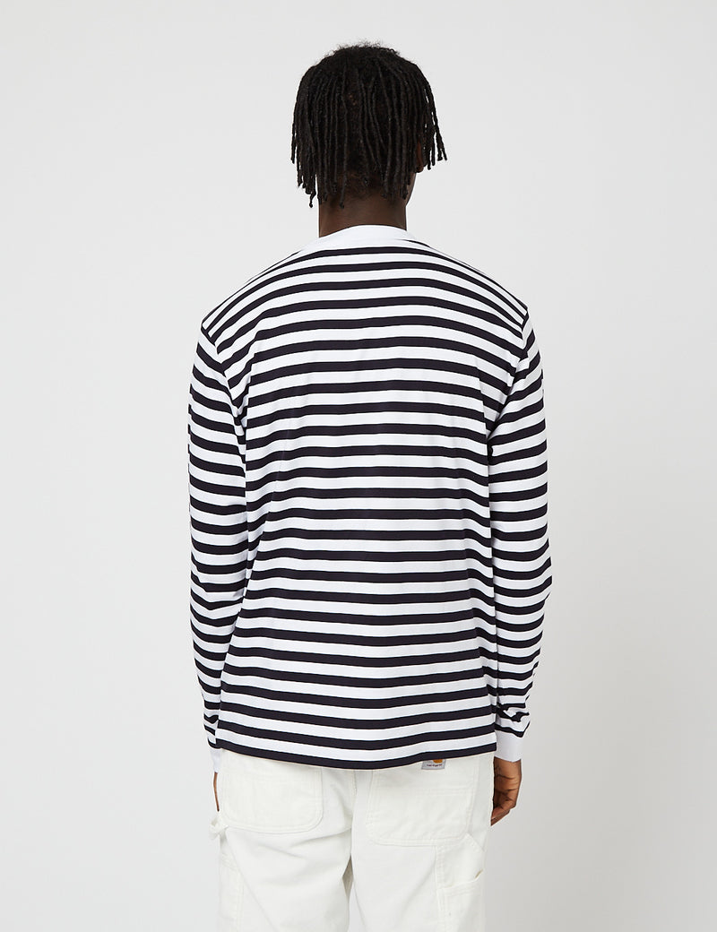 Carhartt-WIPスコッティポケット長袖Tシャツ-ダークネイビーブルー/ホワイト