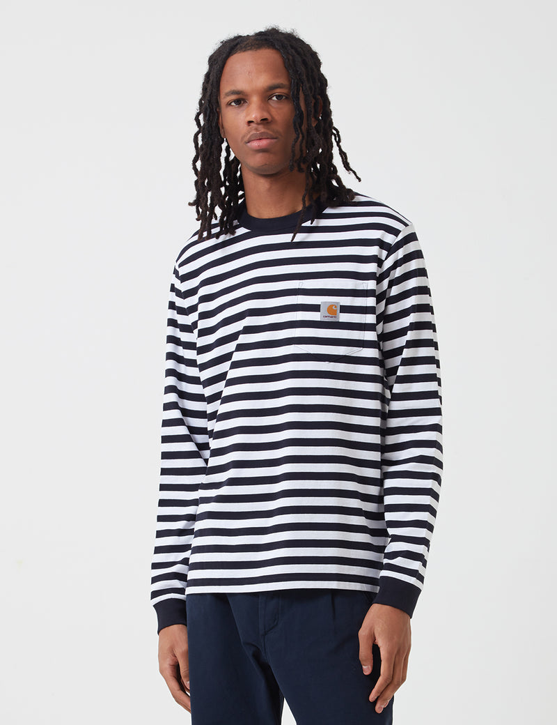 Carhartt-WIP Scotty Long Sleeve Pocket T-Shirt (Stripe) - Dark Navy Blue/White