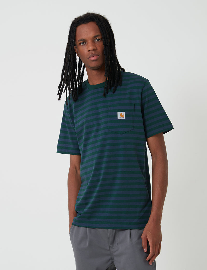 Carhartt-WIP Parker Pocket T-Shirt (Parker Stripe)-Bottle Green/Admiral