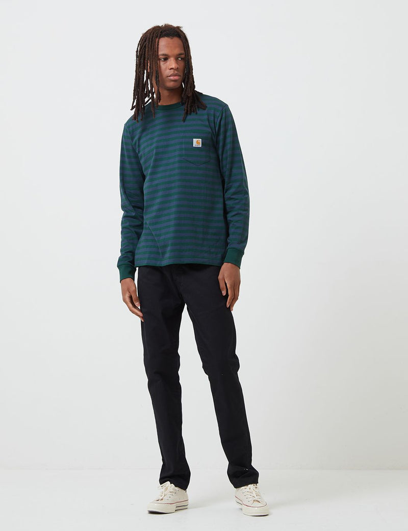 Carhartt-WIP Parker Pocket Long Sleeve T-Shirt (Parker Stripe) - Bottle Green/Admiral