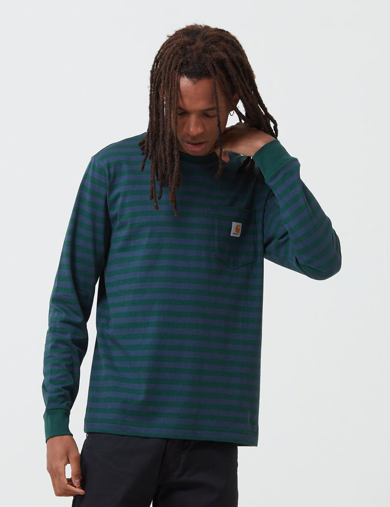 Carhartt-WIP Parker Pocket Long Sleeve T-Shirt (Parker Stripe) - Bottle Green/Admiral