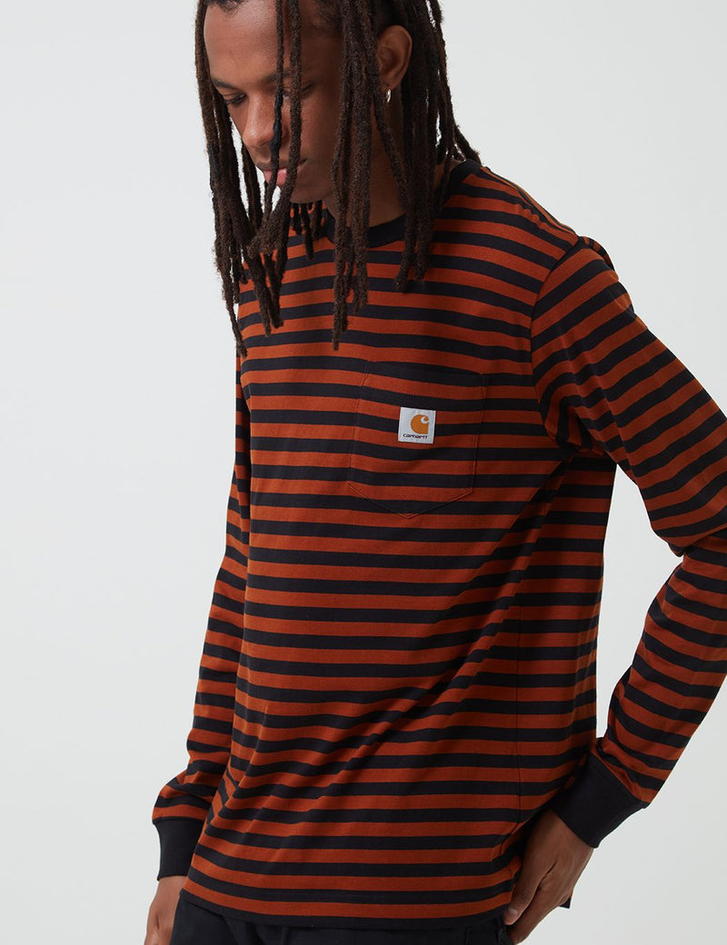 Carhartt-WIP Parker Pocket Long Sleeve T-Shirt (Parker Stripe) - Black/Brandy
