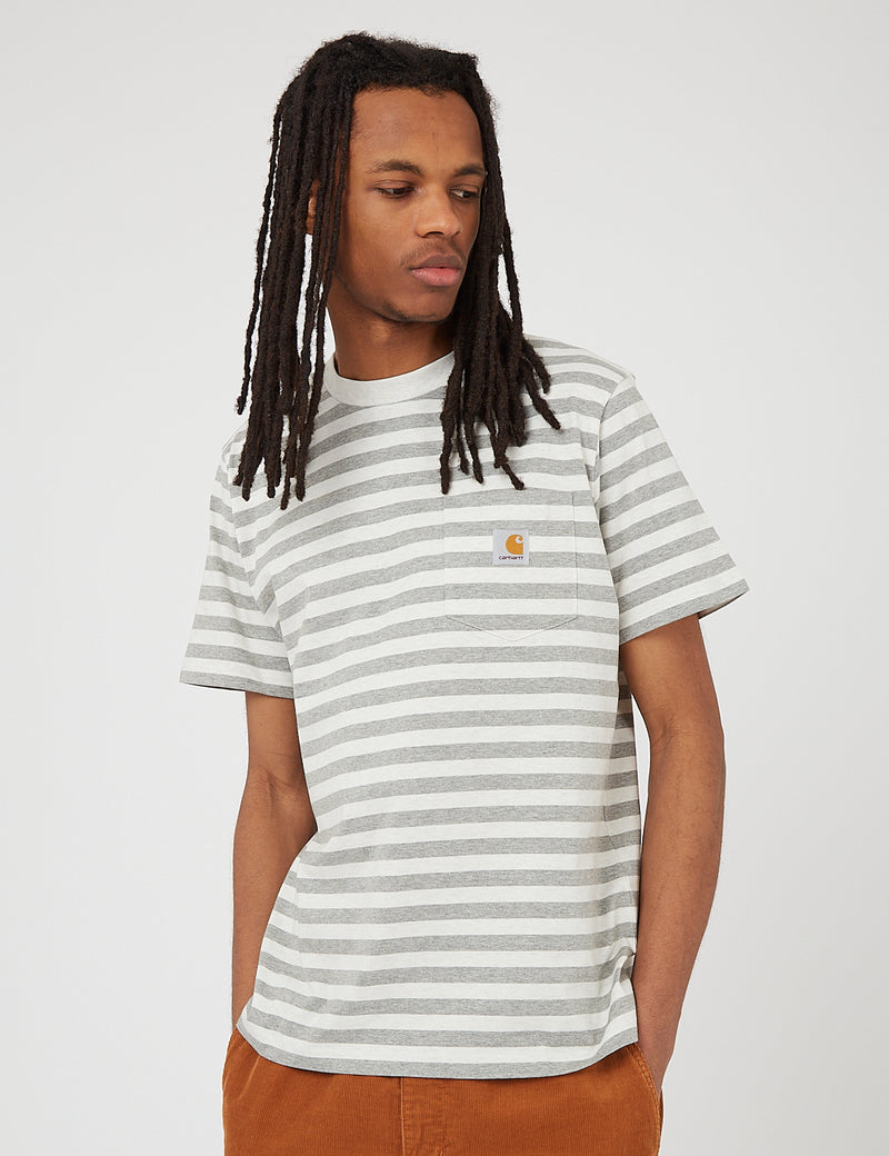 Carhartt-WIP Scotty Pocket T-Shirt (Stripe)-화이트 헤더/그레이 헤더