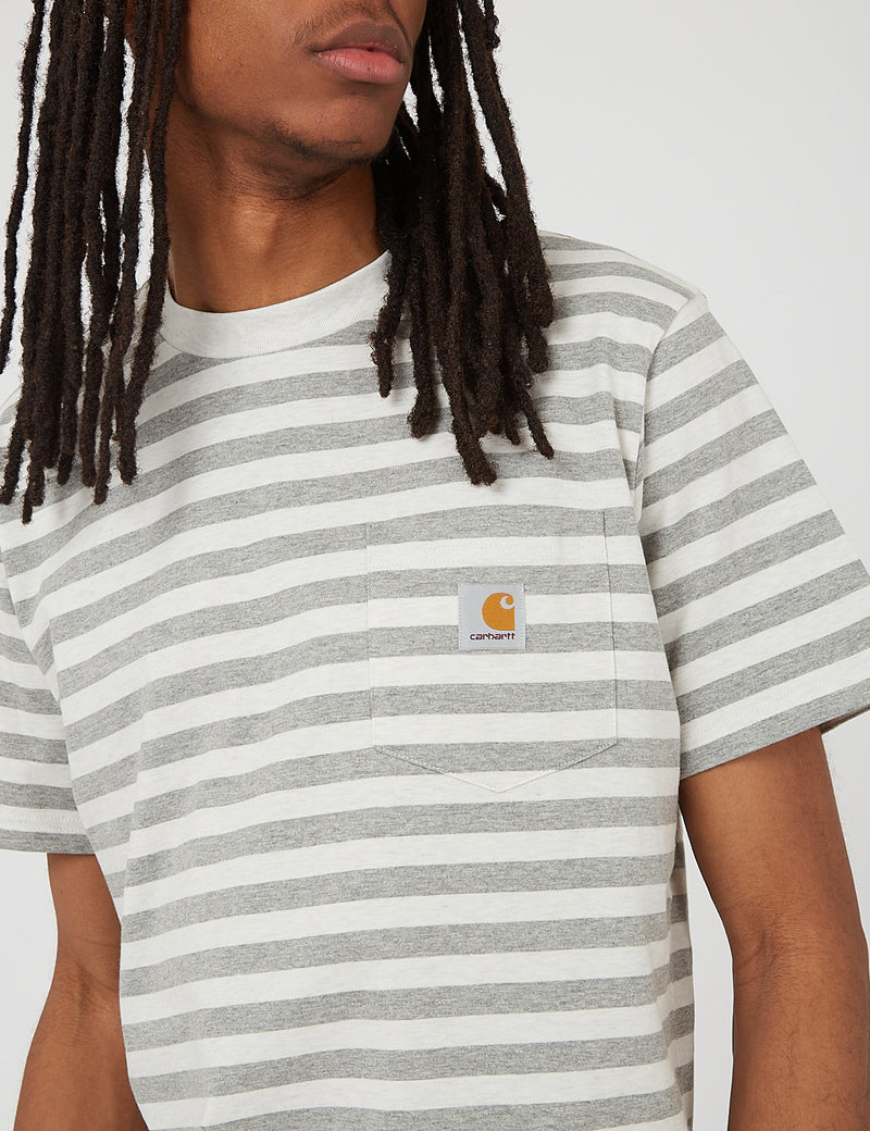 Carhartt-WIP Scotty Pocket T-Shirt (Stripe)-화이트 헤더/그레이 헤더