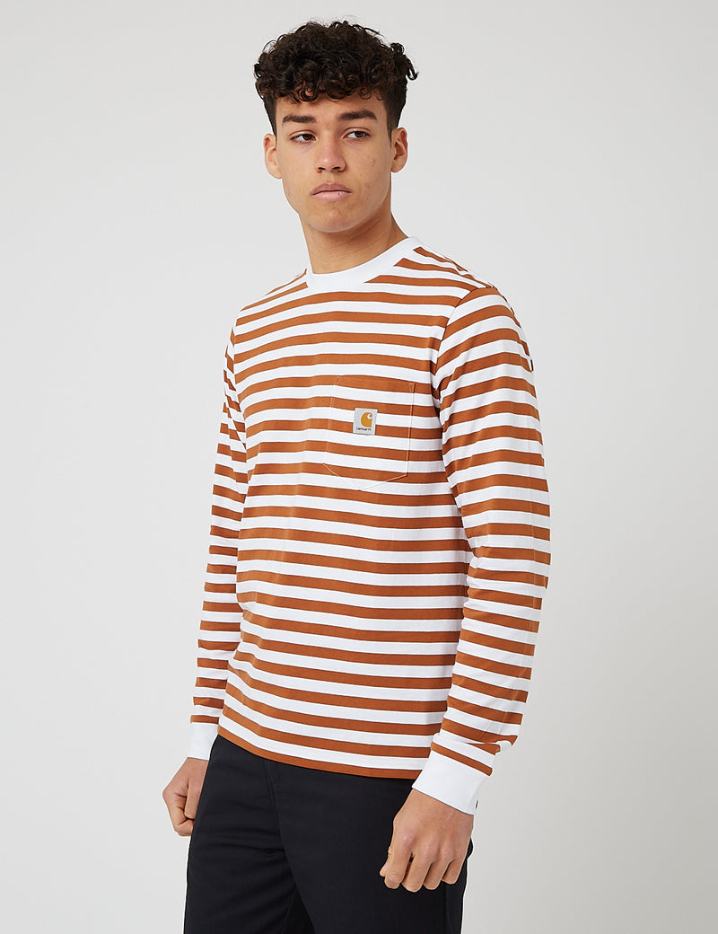 Carhartt-WIP Scotty Pocket Long Sleeve T-Shirt (Stripe) - Rum/White