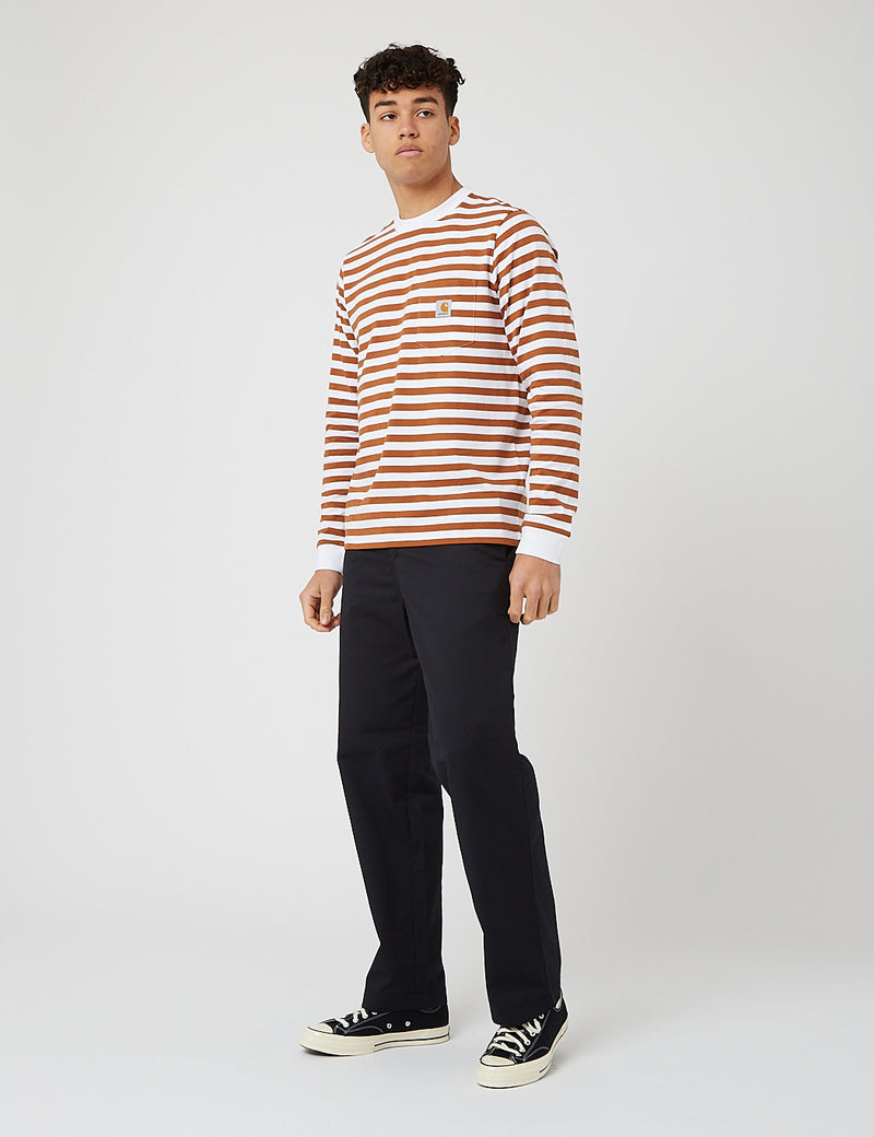 Carhartt-WIP Scotty Pocket Long Sleeve T-Shirt (Stripe)-Rum/White
