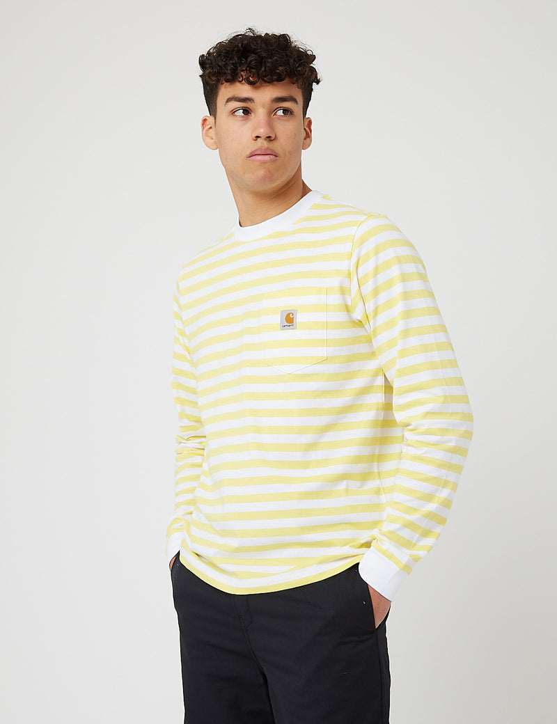 Carhartt-WIP Scotty Pocket Long Sleeve T-Shirt (Stripe) - Limoncello/White
