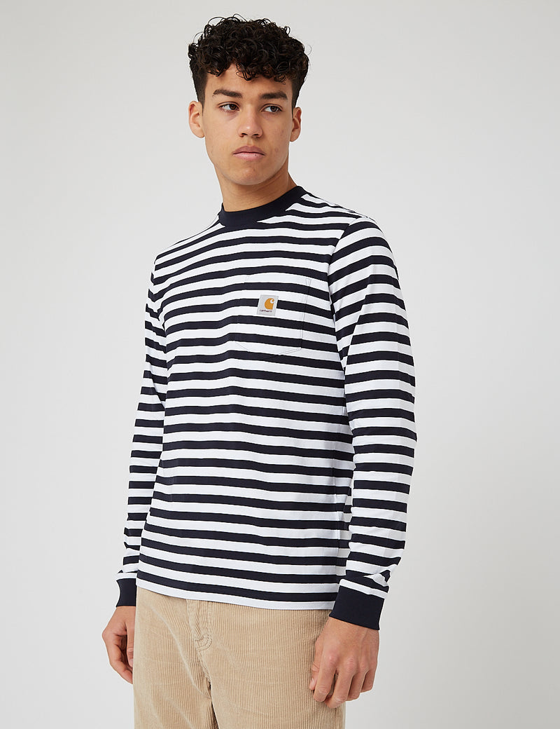 Carhartt-WIP Scotty Pocket Long Sleeve T-Shirt (Stripe)-Dark Navy/White