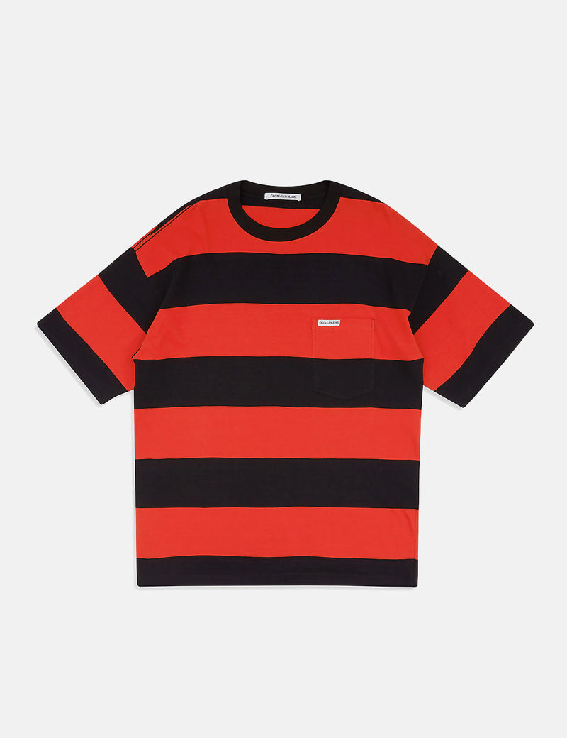Calvin Klein Relaxed Block Stripe T-Shirt - Black/Racing Red