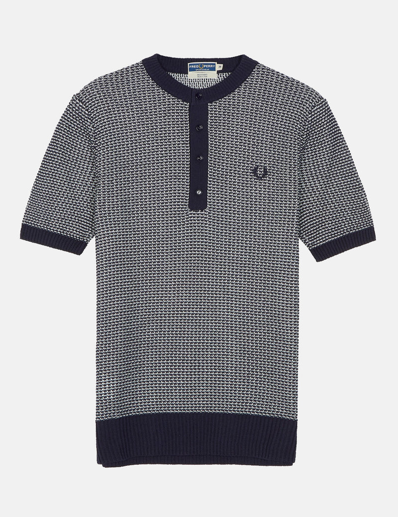 Fred Perry Two Colour Knit Button Neck - Navy