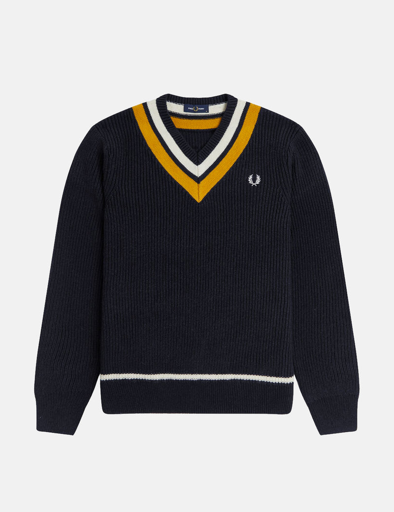 Fred Perry Striped V-Neck Jumper - Navy Blue