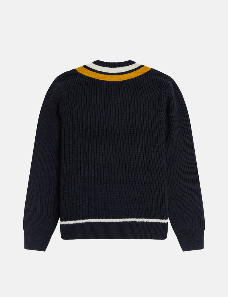 Fred Perry Striped V-Neck Jumper - Navy Blue