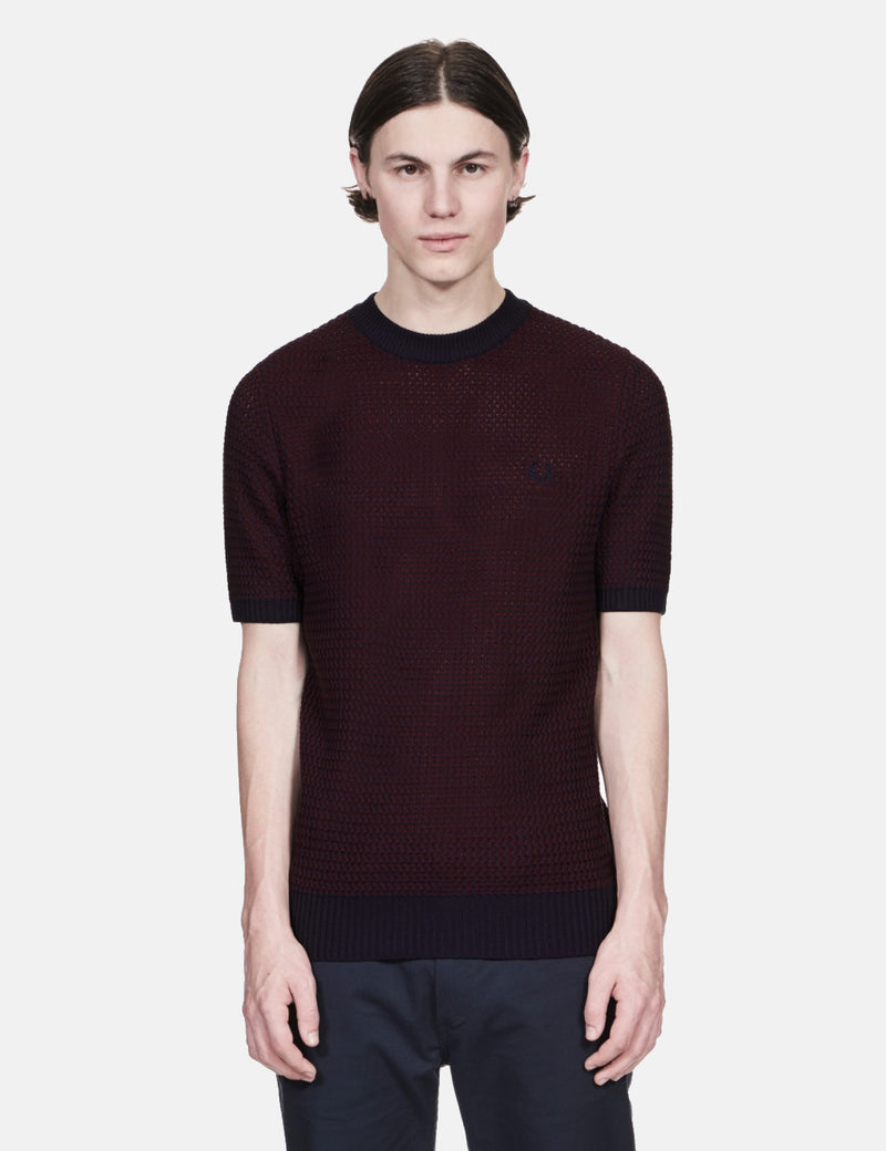 Fred Perry Re-issues Two Colour Knit Crew Neck Shirt - Maroon