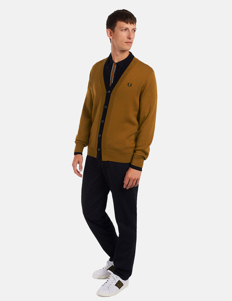 Fred Perry Double Placket Cardigan - Dark Caramel