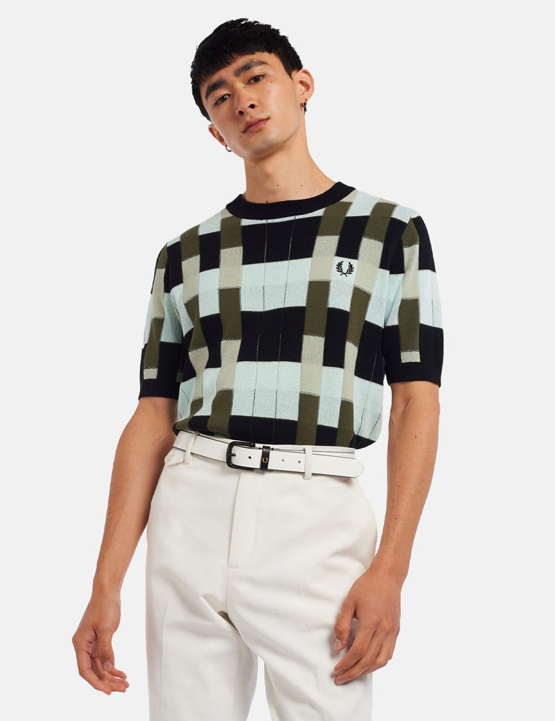 Fred PerryジャカードニットTシャツ-ブラック