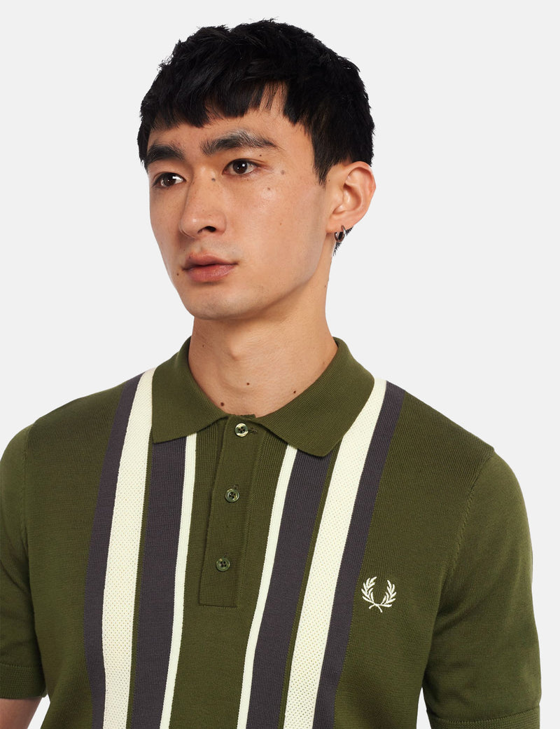 Fred Perry Striped Knitted Shirt - Military Green