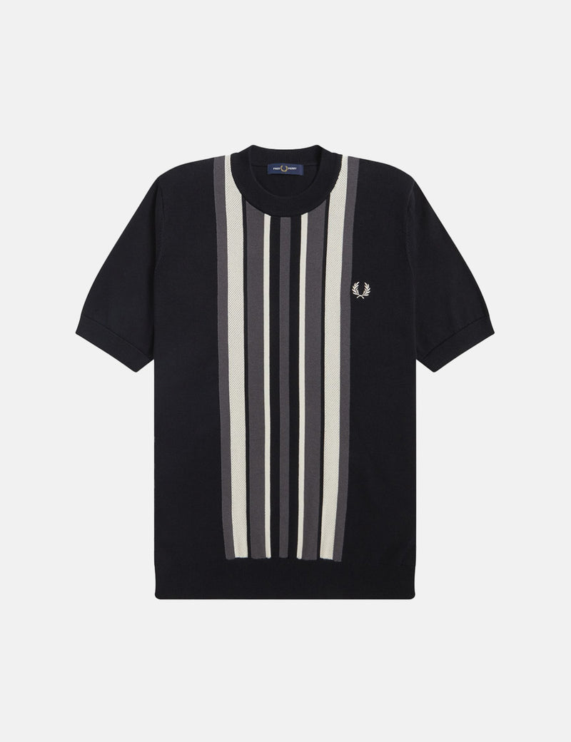 Fred PerryストライプニットTシャツ-ブラック