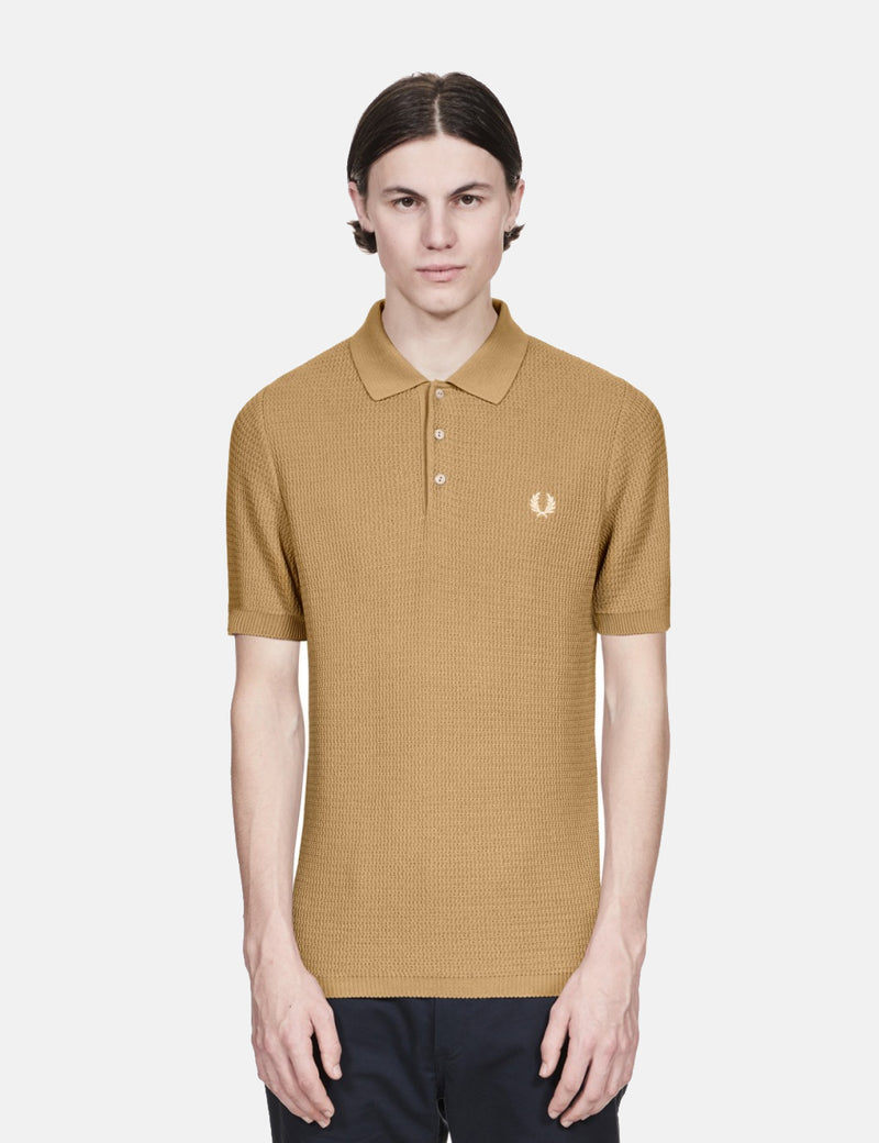 Fred Perry Re-issues Texture Knit Polo Shirt - Biscuit Brown