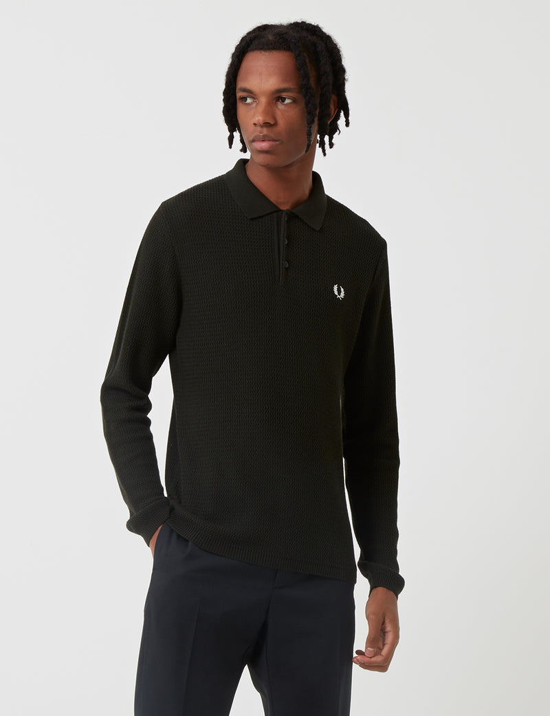 Fred Perry Re-issues L/S Texture Knit Polo Shirt - Hunting Green