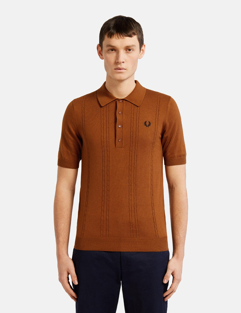Fred Perry Re-issues S/S Cable Knitted Shirt - Dark Camel