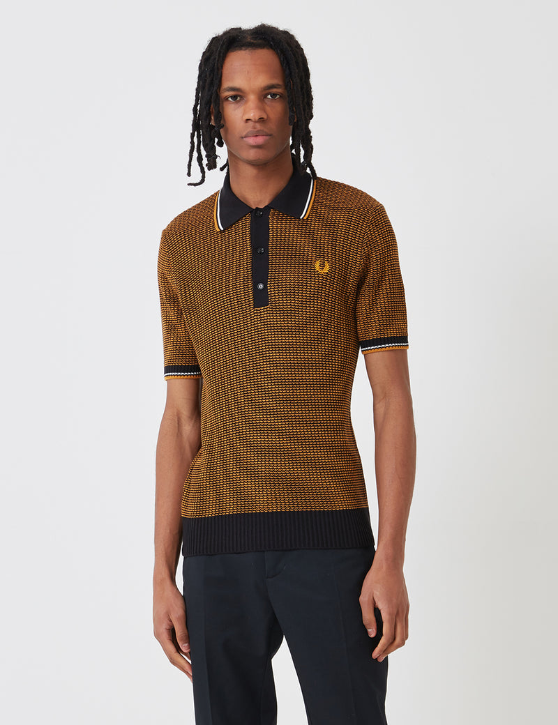 Fred Perry Re-issues Two Colour Texture Knit Shirt - Black/Gold