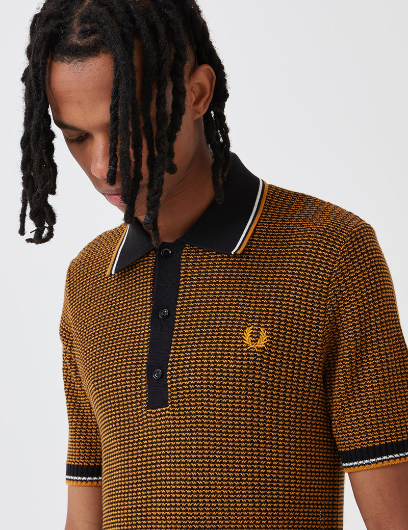Fred Perry Re-issues Two Colour Texture Knit Shirt - Black/Gold