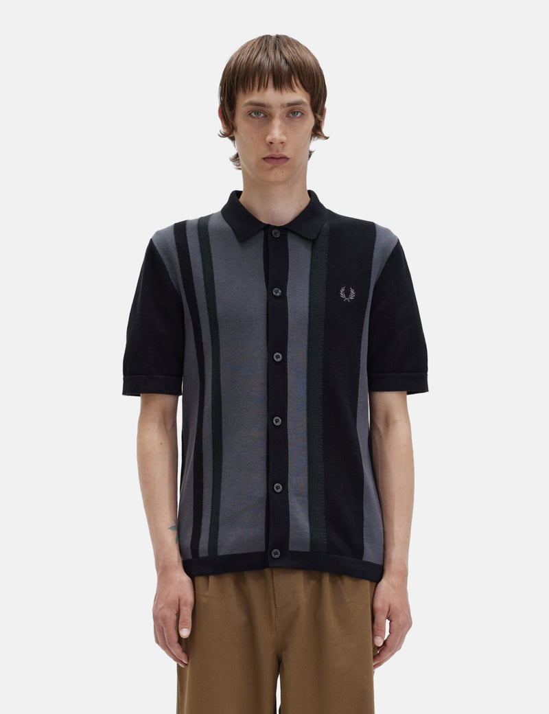 Fred Perry Striped Knitted Shirt - Black
