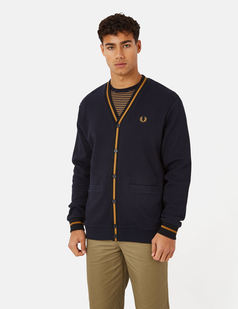Fred Perry Tipped Pique Texture Cardigan - Navy Blue