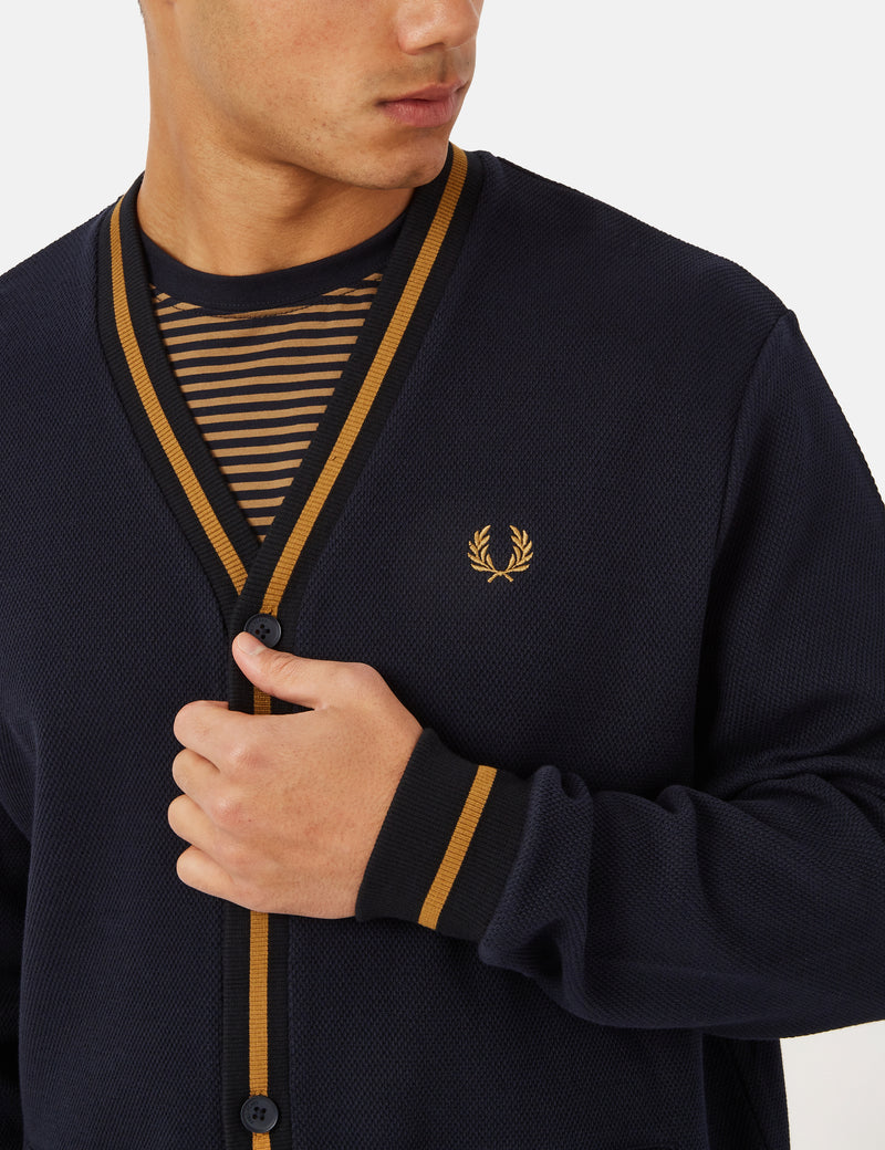 Fred Perry Tipped Pique Texture Cardigan - Navy Blue