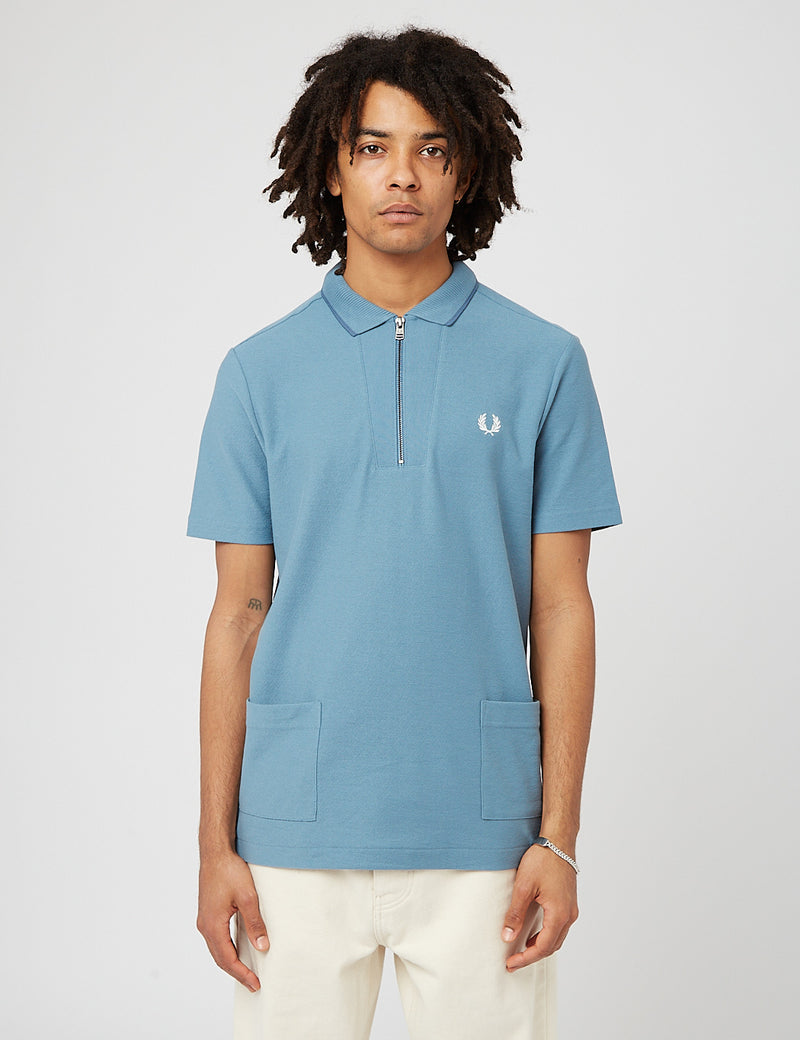 FRED PERRY リブ ポロシャツ ニット ブルー