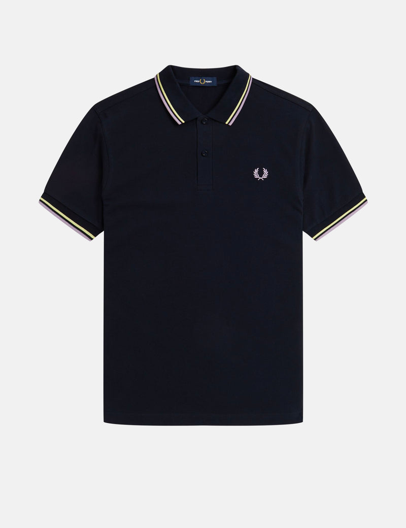 Fred Perry Polo À Double Liseré - Bleu Marine/Jaune Cire/Lilas Soul