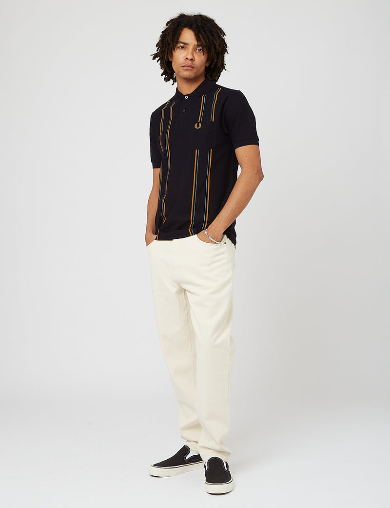 Fred Perry Striped Pocket Detail Polo Shirt - Navy Blue