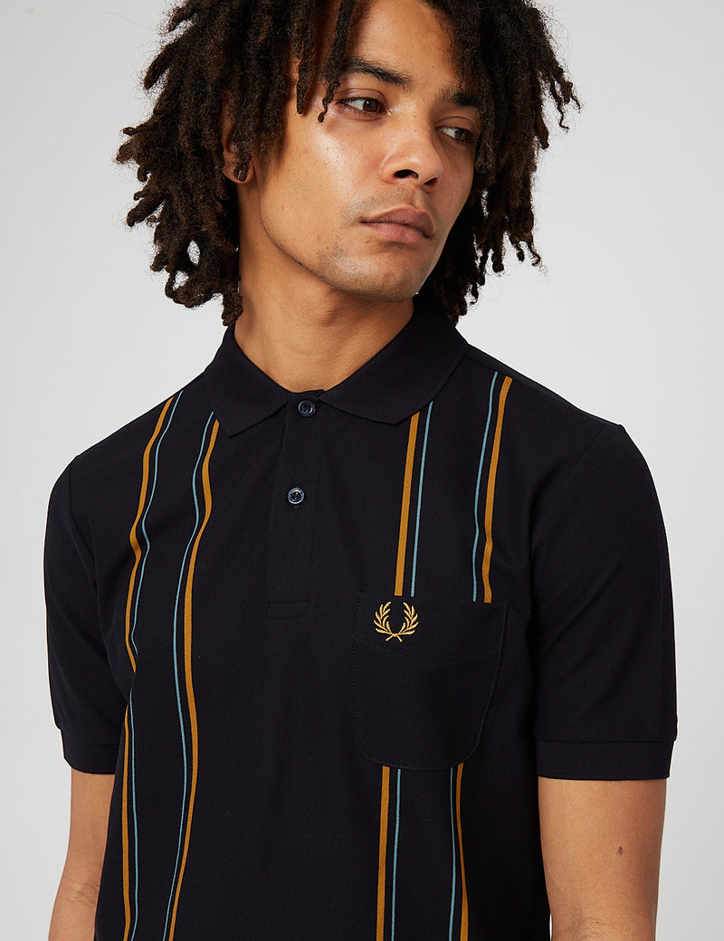 Fred Perry Striped Pocket Detail Polo Shirt - Navy Blue