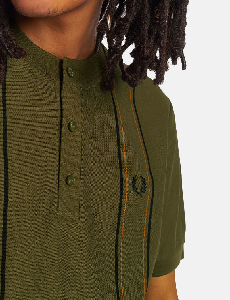 Fred Perry Striped Henley Polo Shirt - Military Green