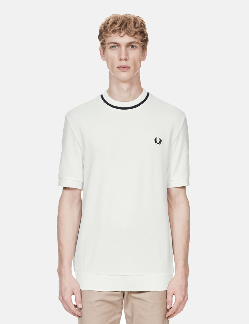 T-Shirt à Col Rond En Piqué Fred Perry - Blanc Neige/Bleu Marine