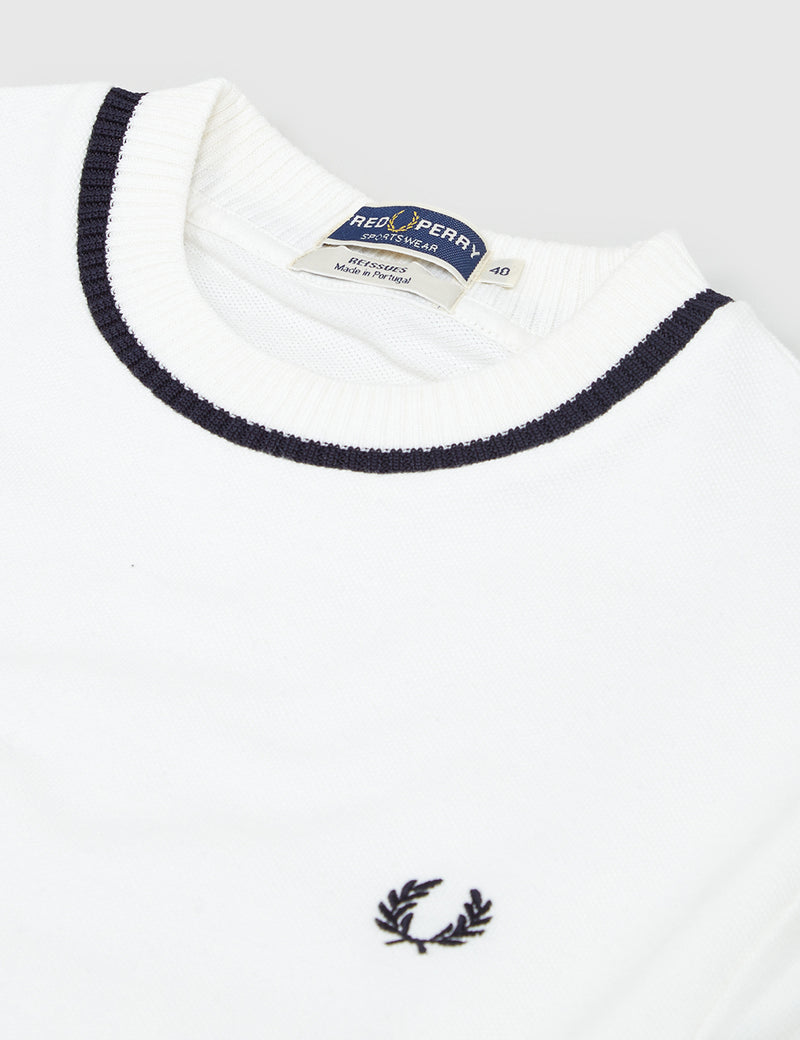 T-Shirt à Col Rond En Piqué Fred Perry - Blanc Neige/Bleu Marine