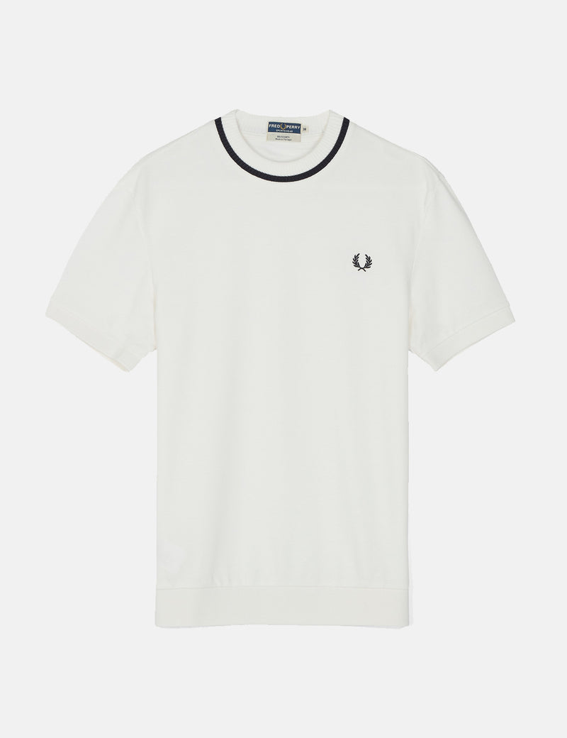 T-Shirt à Col Rond En Piqué Fred Perry - Blanc Neige/Bleu Marine