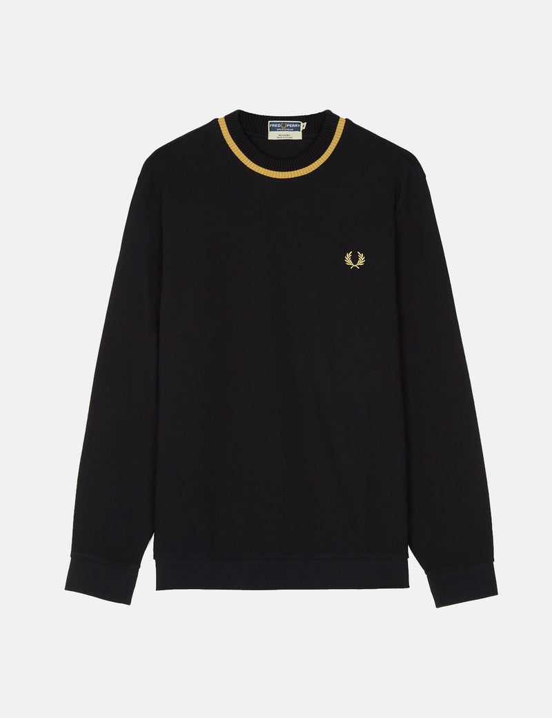 Fred Perry Re-issues L/S Crew Neck Pique T-Shirt - Black/Champagne