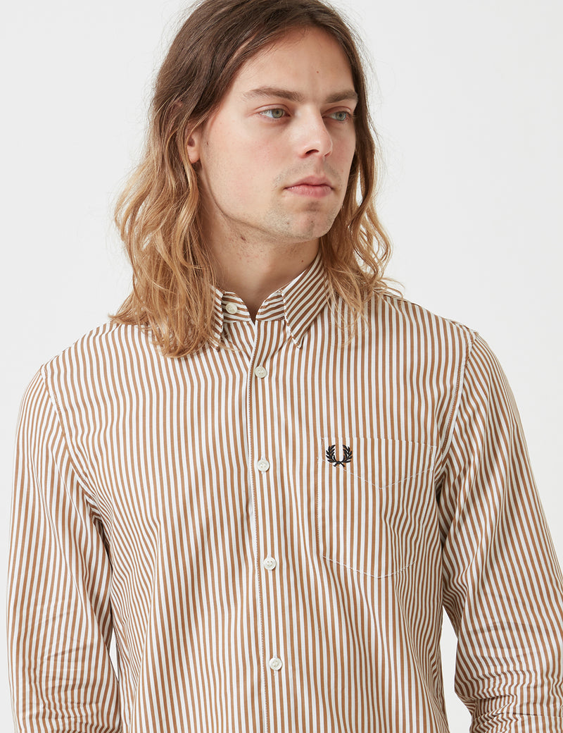 Fred Perry Stripe Twill Shirt - Dark Caramel Brown