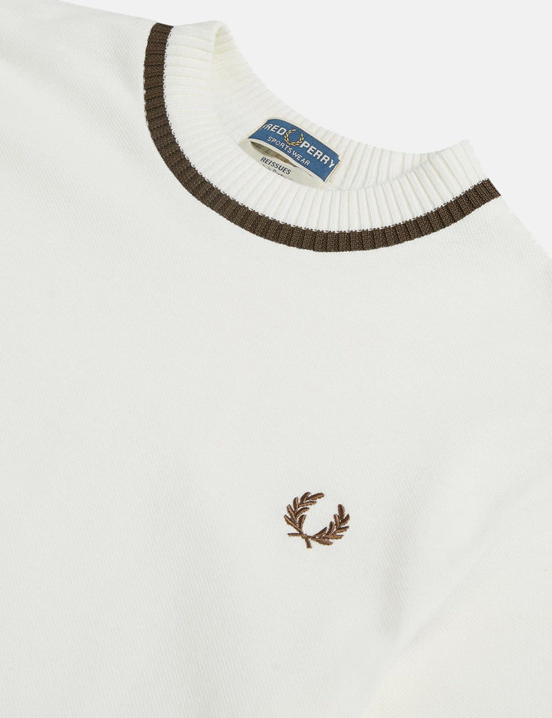 Fred Perry Crew Neck Pique T-Shirt - Snow White/Chocolate Brown