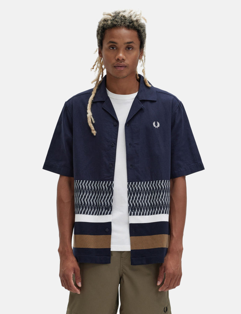 Fred Perry Knitted Panel Revere Collar Shirt - Navy Blue