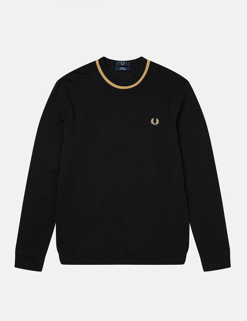 Fred Perry Re-Issue Crew Neck Long Sleeve Pique T-Shirt - Black/Champagne